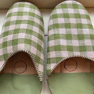 Margot Olive Check Linen Babouche Slippers Size Medium - NEW
